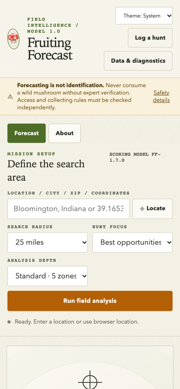 Fruiting Forecast on a phone: the safety banner, mission-setup fields, and “Run field analysis” button stack in a single column above the analysis panel.