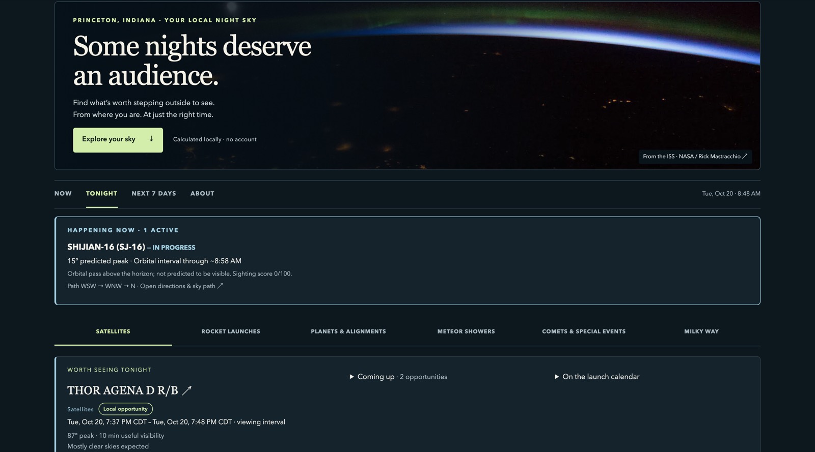 The Worth Looking Up home page: a night-sky photograph behind the headline “Some nights deserve an audience” and a tonight briefing listing an active satellite pass.