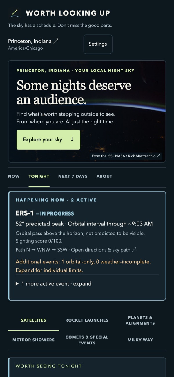 Worth Looking Up on a phone: the headline and “Explore your sky” button sit above a Happening Now satellite card and a six-category grid.